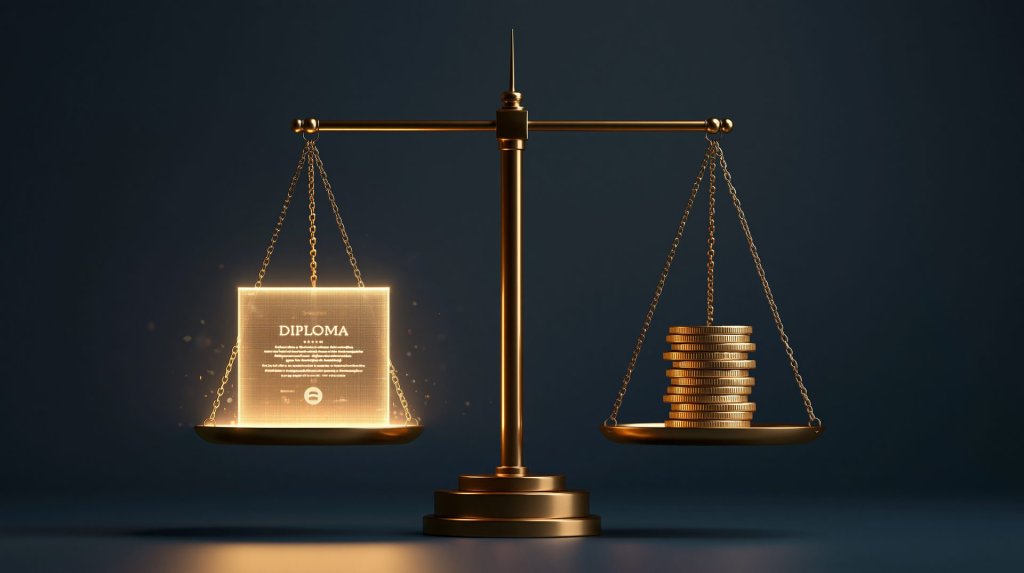 Is edX worth it concept: a glowing diploma weighed against a stack of gold coins on a balance scale