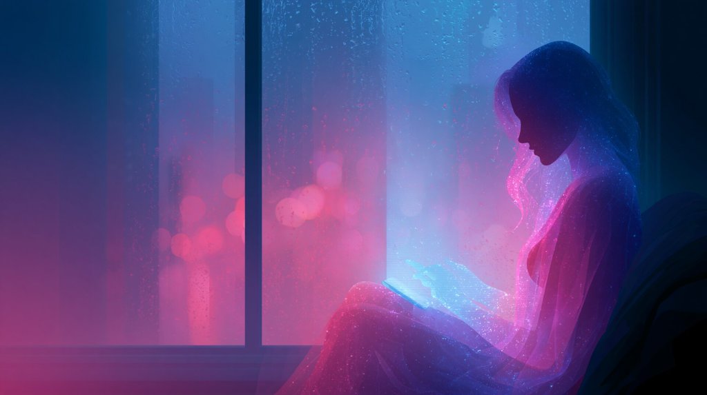 joi ai review: a glowing translucent woman sitting by a rainy window lit by her phone screen, pink and blue neon mood