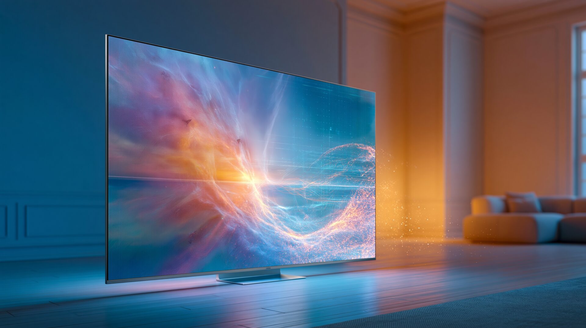 LG 4K UHD UA75 AI Smart TV concept: a slim 4K television in a living room showing a vivid AI-enhanced picture