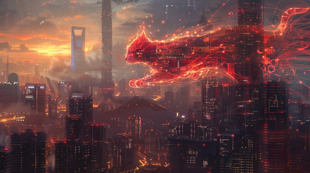 LongCat-2.0 concept: a glowing red energy cat leaping over a futuristic Chinese city skyline at dusk