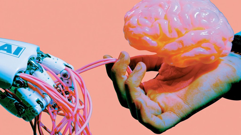mark zuckerberg ai talent strategy concept: a robotic AI hand pulling cables from a glowing brain held in a human hand