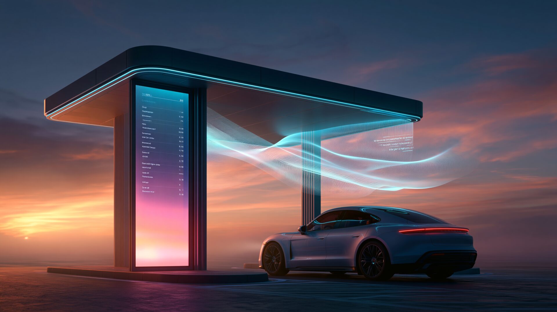 McDonald's AI drive-thru test concept: a futuristic drive-thru lane at dusk with a digital menu board and glowing AI voice-assistant soundwaves as a car orders