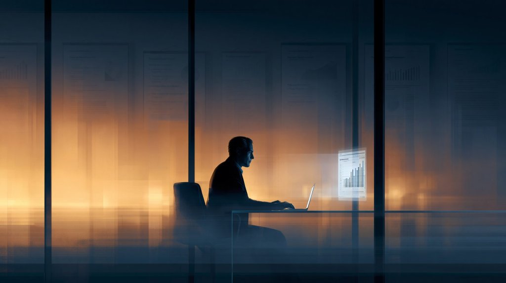 McKinsey AI PowerPoint reduction concept: a consultant works on a single AI dashboard in a dark boardroom instead of slide decks
