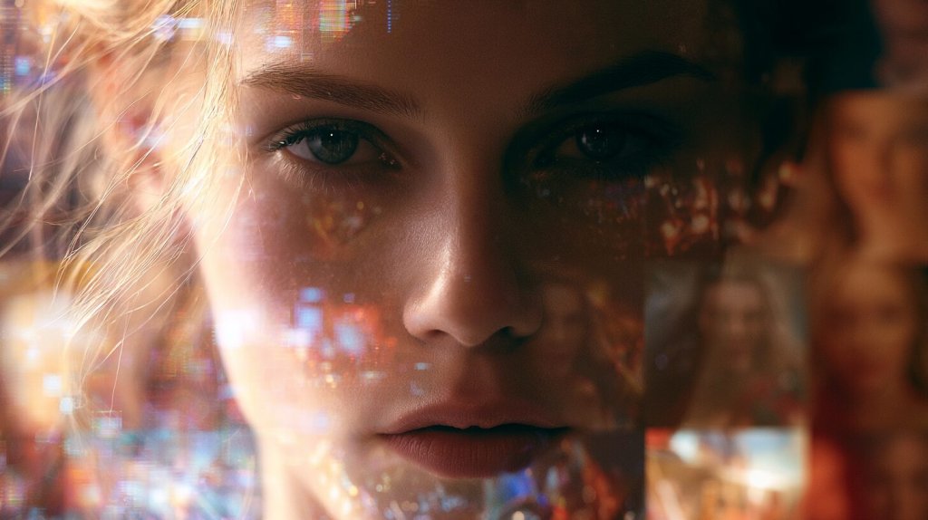 Meagan Good AI Instagram post concept: an AI-generated portrait overlaid with digital data and a collage of faces