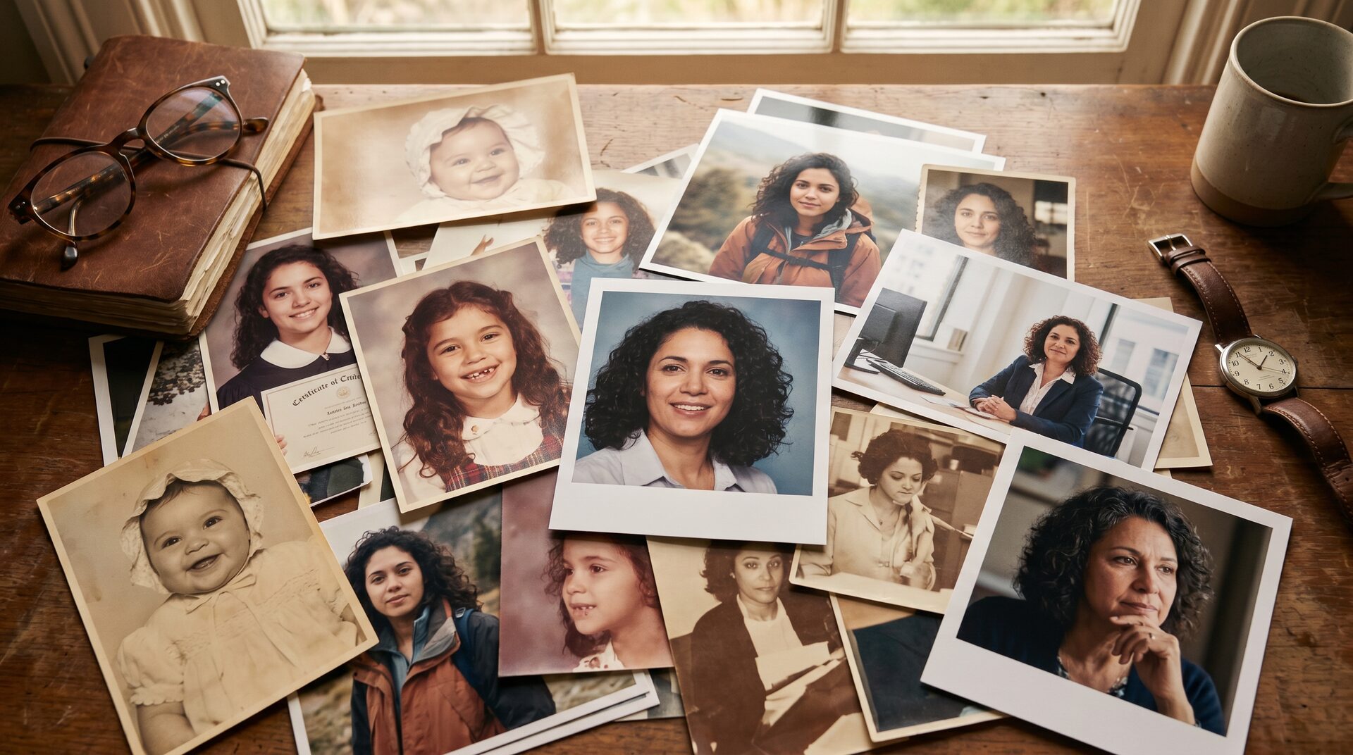 Meet your younger self AI prompt: printed photos of the same woman from baby and childhood to adult, scattered on a wooden desk