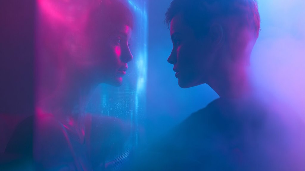 muah ai review: a glowing AI companion and a person facing each other in misty blue and pink light