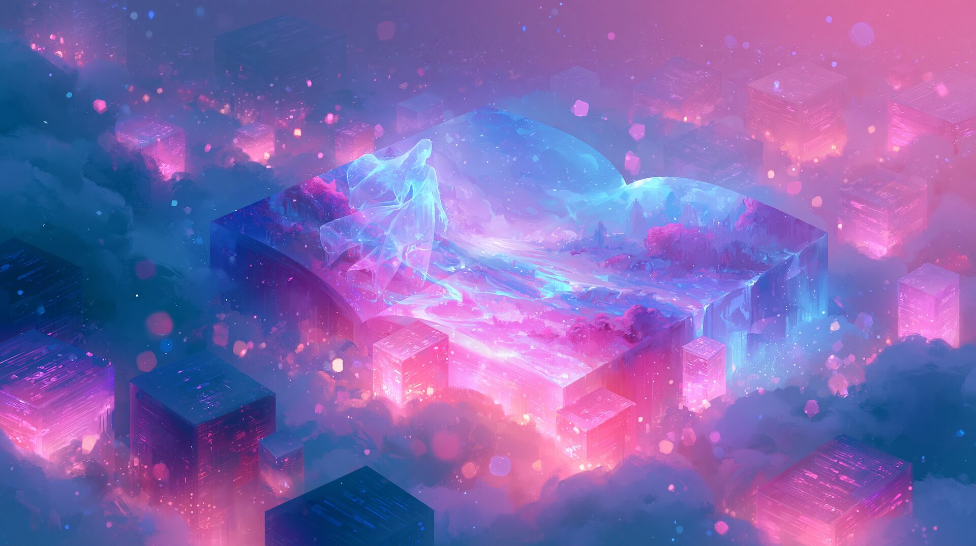 ourdream ai review: a surreal isometric dreamscape of glowing crystal blocks floating in pink and blue clouds