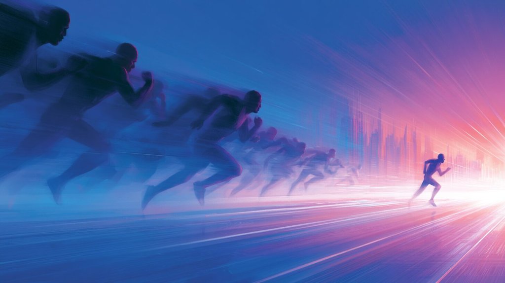 perplexity ai ceo startup strategy concept: blurred runners racing on a neon track with one figure pulling ahead