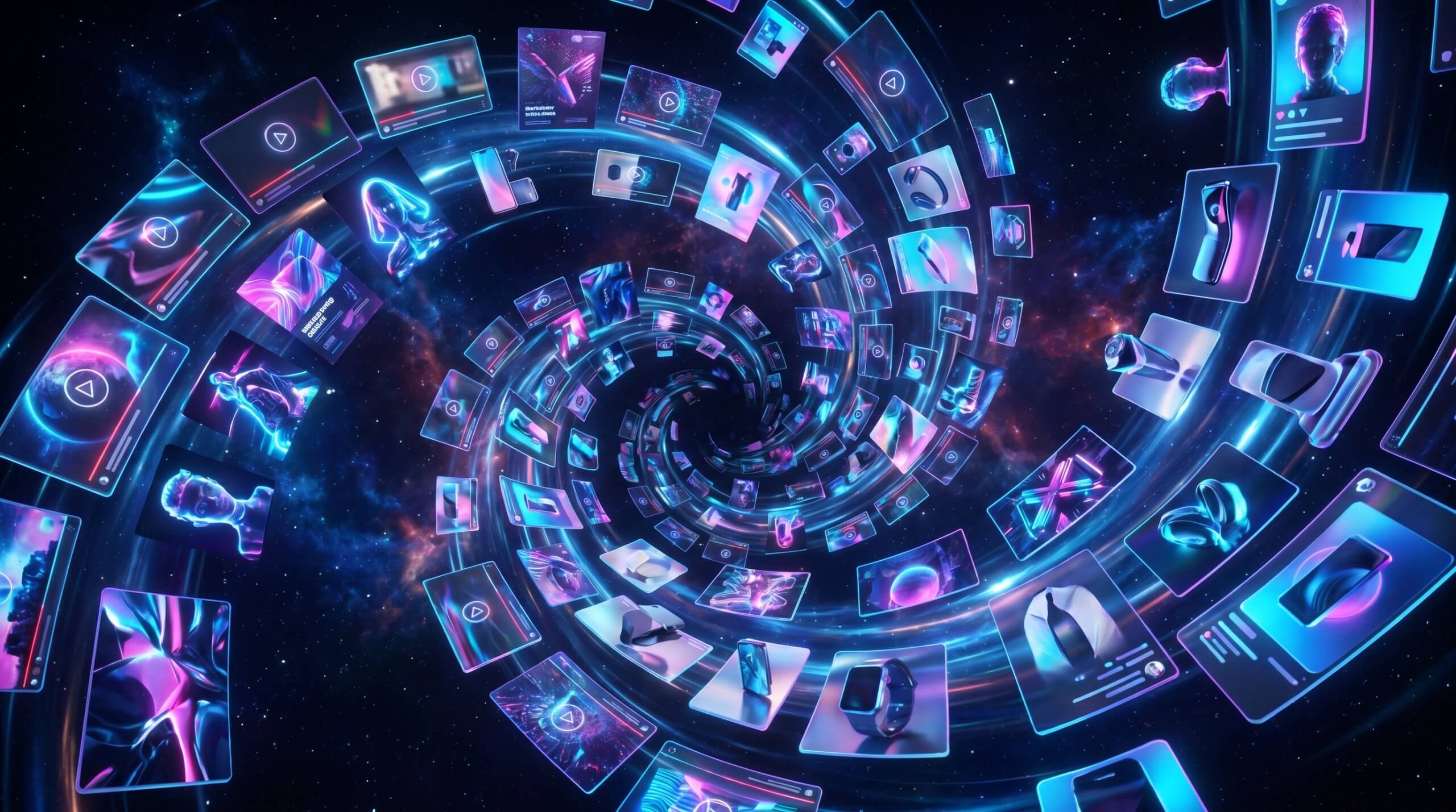 Pippit AI review illustration showing a futuristic content creation ecosystem with videos, avatars, and digital assets