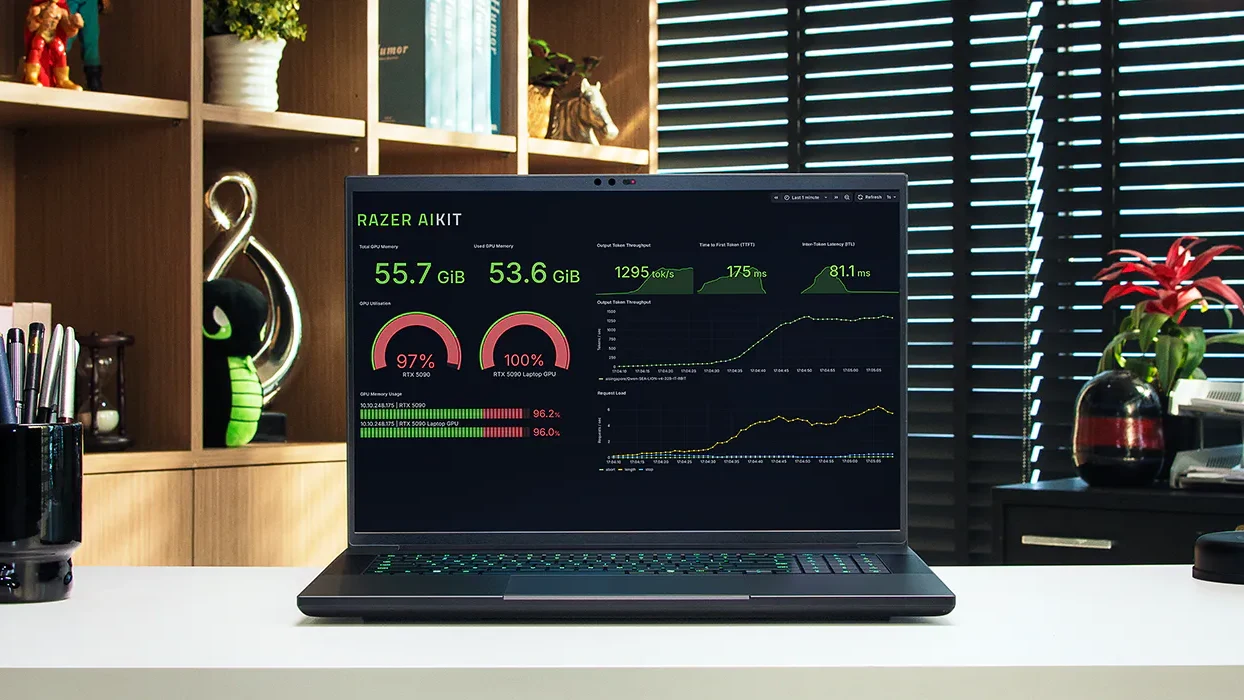 Razer Blade 18 2026 running the Razer AIKit local AI monitoring dashboard