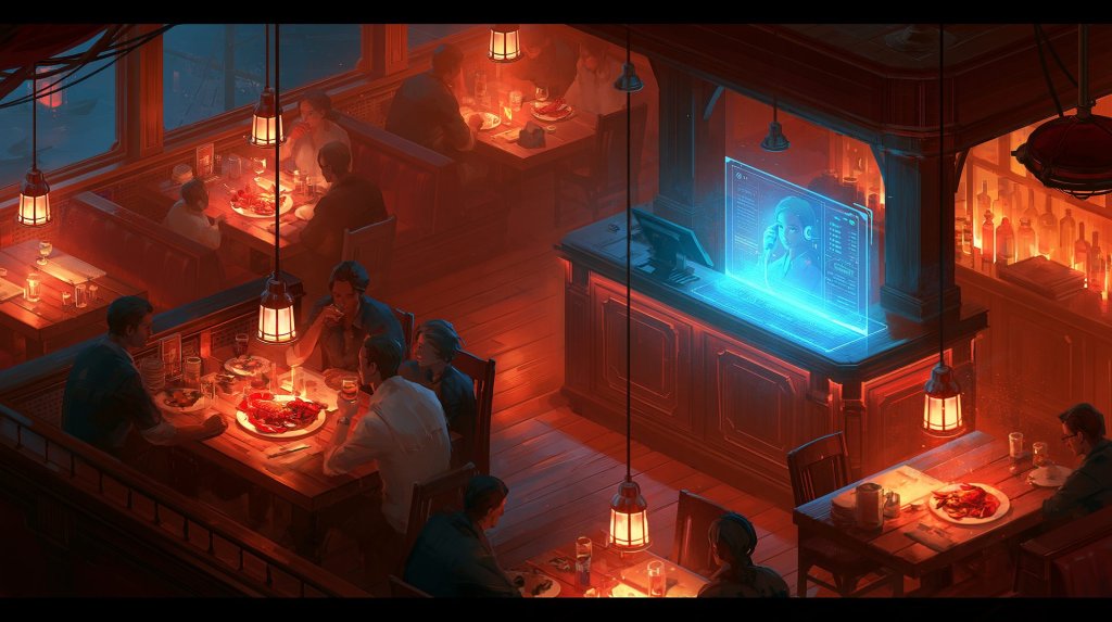 red lobster ai concept: a cozy nautical restaurant with a glowing holographic AI assistant on the host stand
