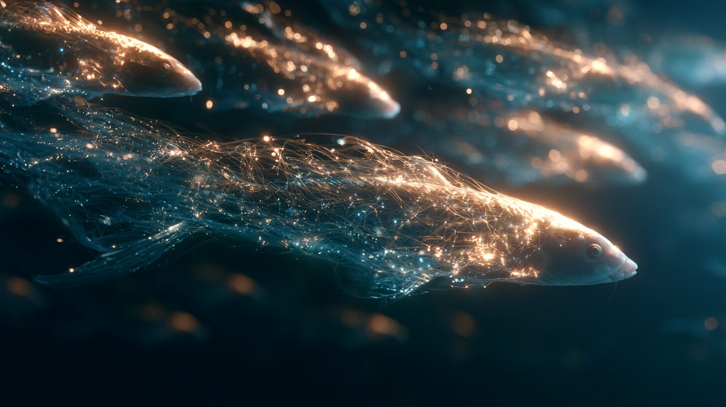 Sakana AI concept: a school of glowing fish made of light and neural-network nodes swimming through a dark void, evoking the Fugu orchestration model