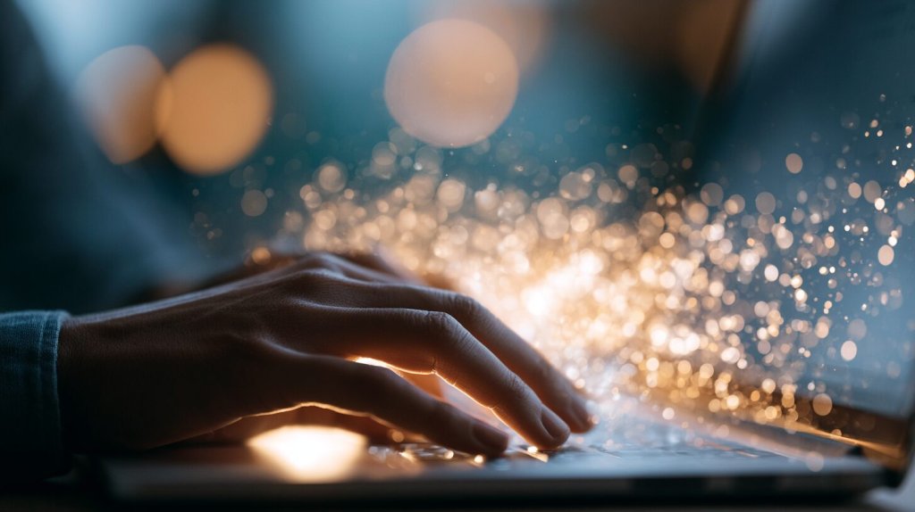 Singapore AI course demand concept: a hand on a laptop keyboard as glowing particles of light rise from the screen, evoking the rush to learn AI