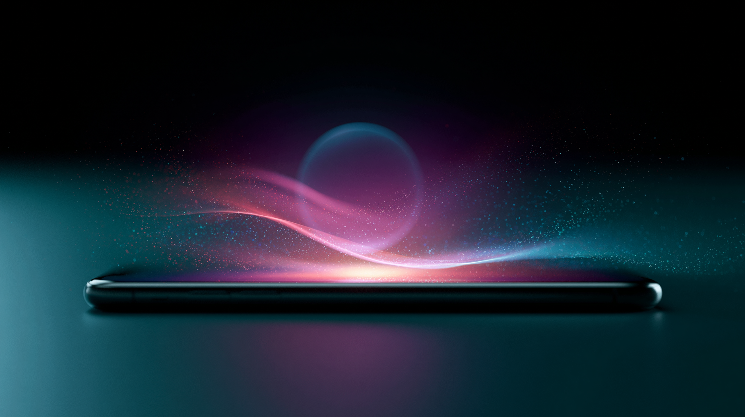 Siri AI concept art: a smartphone with a glowing orb and light waves rising from the screen