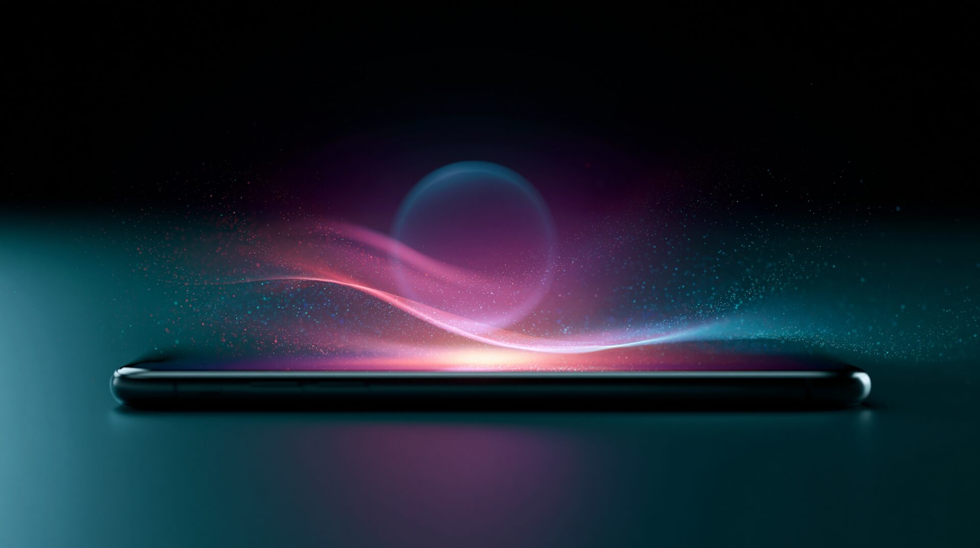 Siri AI concept art: a smartphone with a glowing orb and light waves rising from the screen