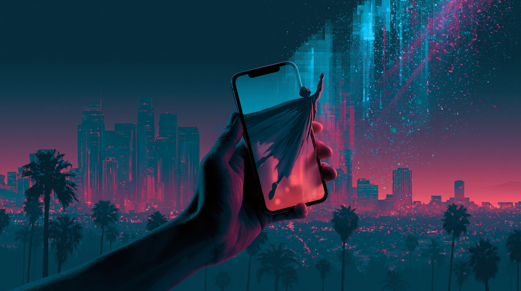 Spencer Pratt AI videos concept: a hand holds a smartphone showing a caped superhero over the neon Los Angeles skyline