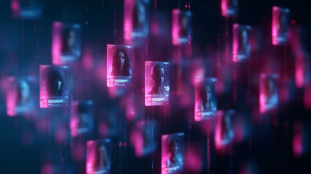 spicychat review: dozens of holographic AI character cards floating in dark cyberpunk space