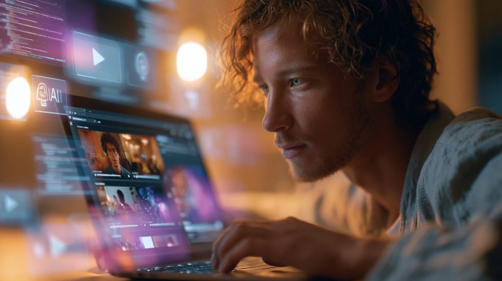 Udemy AI courses on a laptop - a learner watching AI video lessons with neural-network UI and play buttons