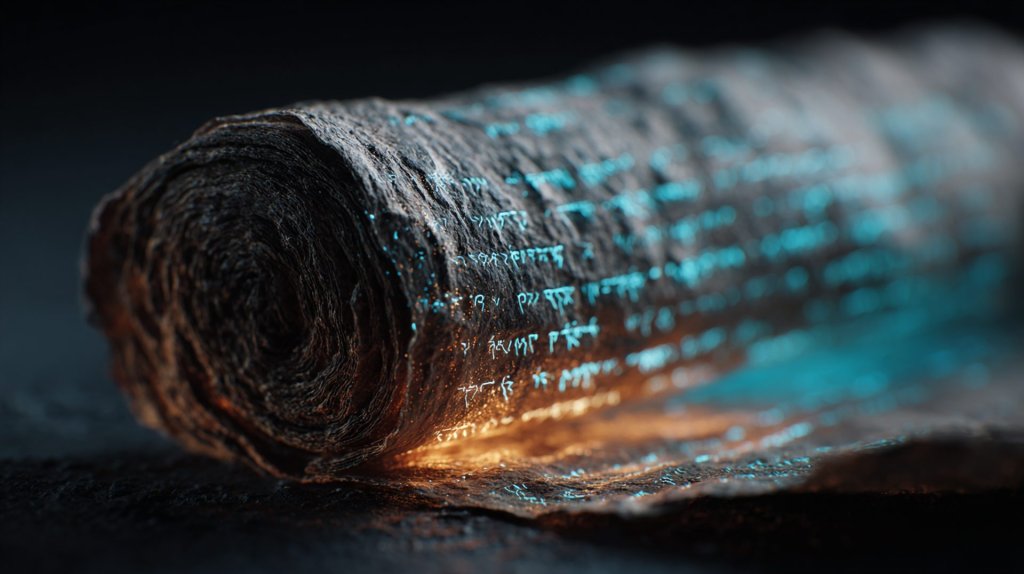 unrolling Vesuvius papyrus with AI: a charred carbonized Roman scroll glowing with virtual Greek text