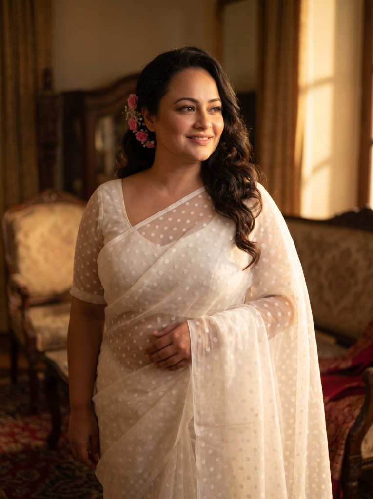Try the white polka-dot vintage saree look