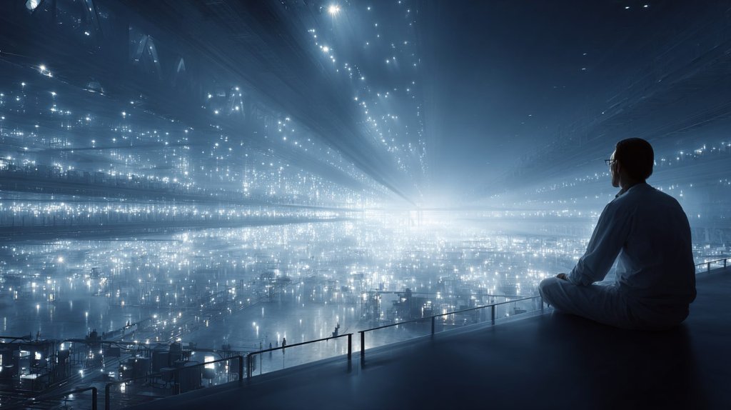 Vishal Sikka new AI venture: a visionary founder overlooks a vast glowing field of data, evoking enterprise AI