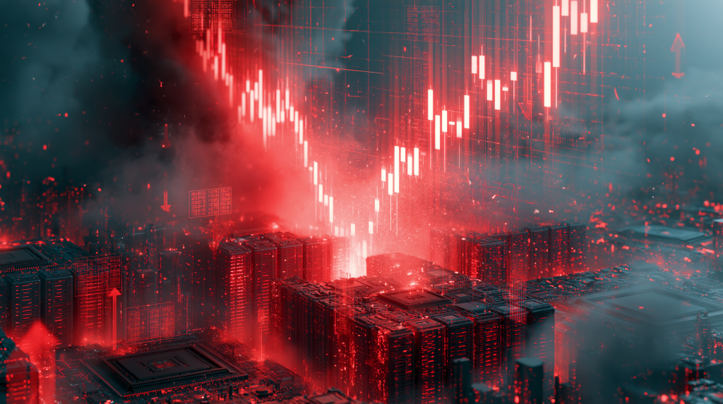 Why are AI stocks down today concept: a red crashing candlestick chart falling over a city of server racks and microchips
