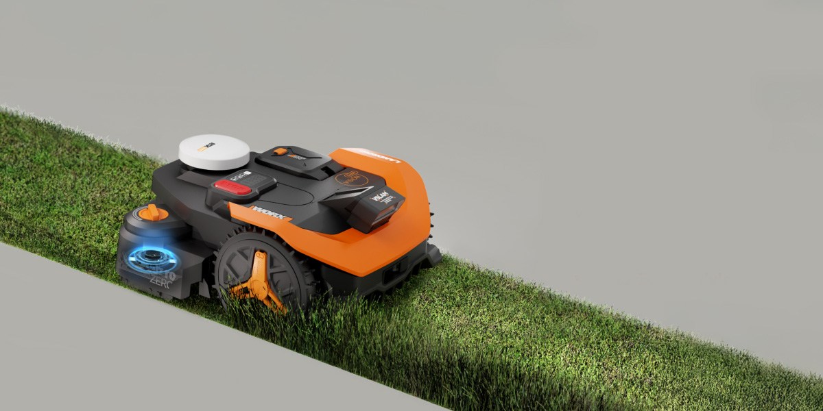 Worx Landroid Vision Cloud robot lawn mower on a sloped lawn