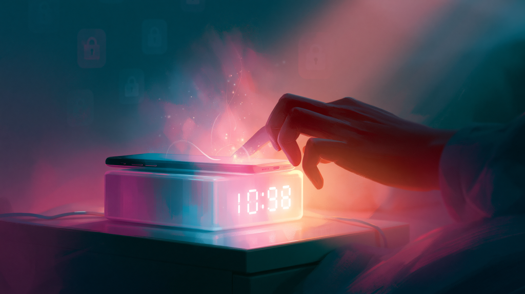 Zach Yadegari Cal AI founder concept: a hand tapping a smartphone on a glowing alarm clock dock at dawn, symbolizing his new startup Flow