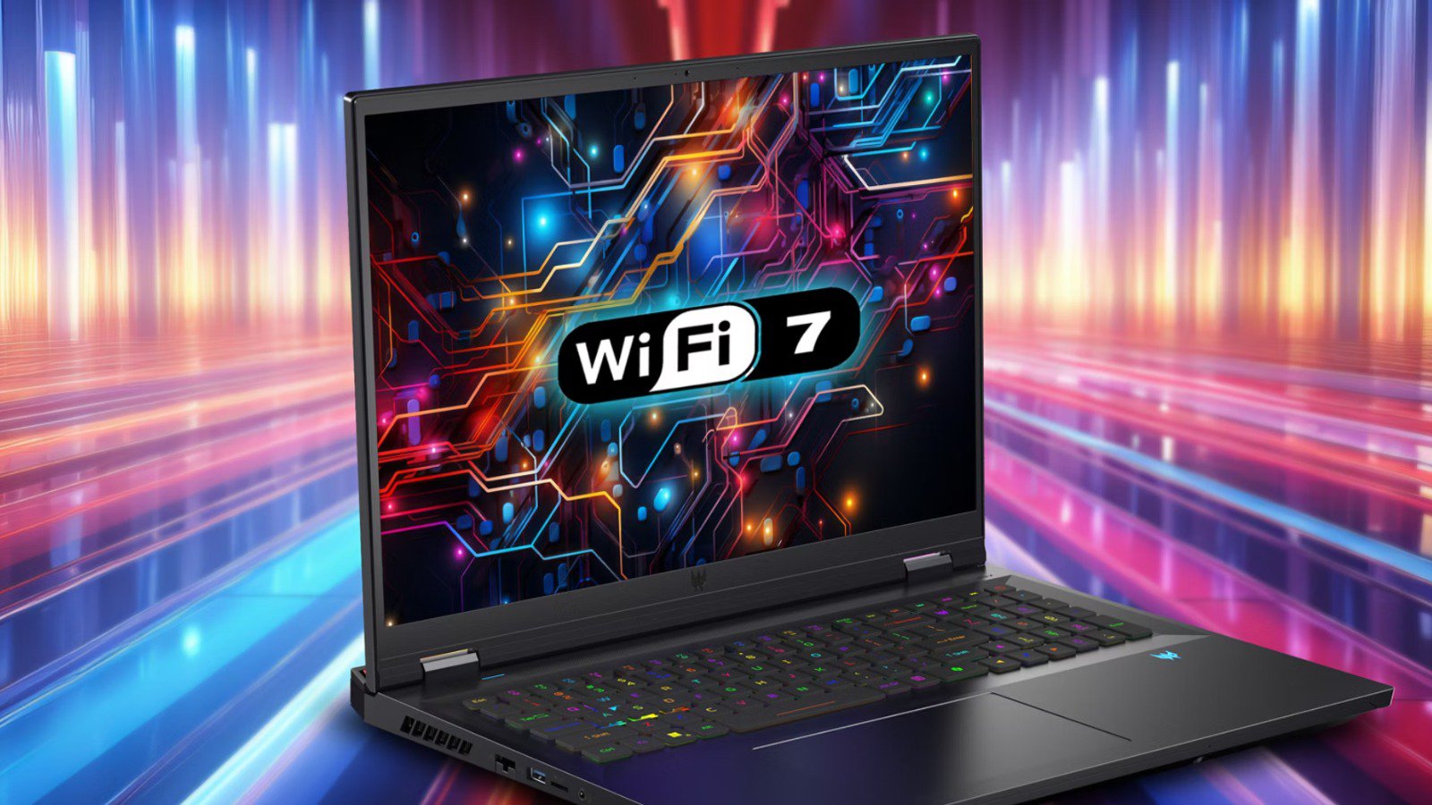 Acer Predator Helios 18 AI gaming laptop shown open, with its keyboard and 18-inch display in view
