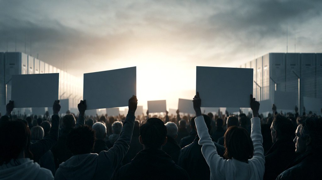 ai data center public opposition: a crowd of residents raising blank protest placards outside a data center at sunset