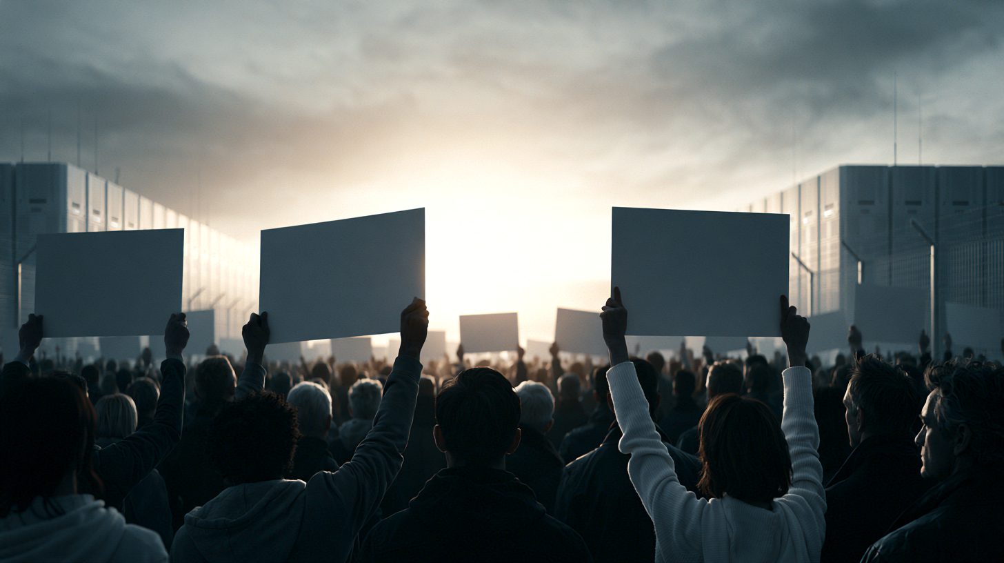 ai data center public opposition: a crowd of residents raising blank protest placards outside a data center at sunset