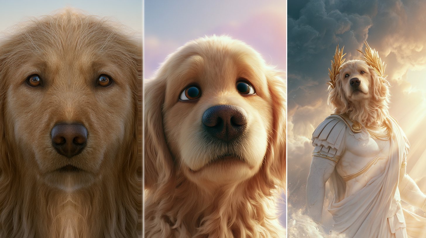 ai dog photo prompt: a three-panel collage of the same golden retriever — a realistic close-up portrait, a Pixar-style 3D version, and the dog as a Greek god on Mount Olympus