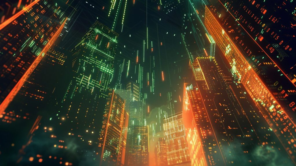 AI sector market trend concept: a neon financial skyline with green digital rain rising past red and gold towers