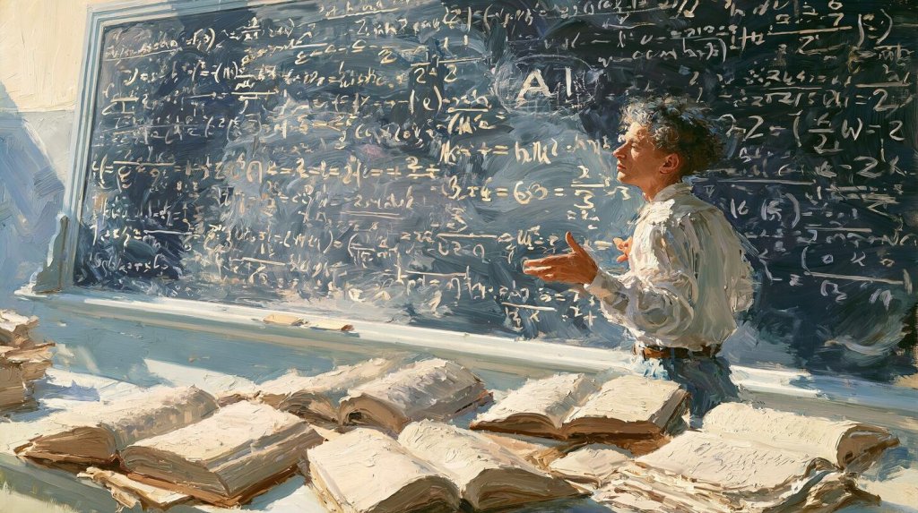 AI solves math conjecture concept: a mathematician at a chalkboard of equations with AI written among them
