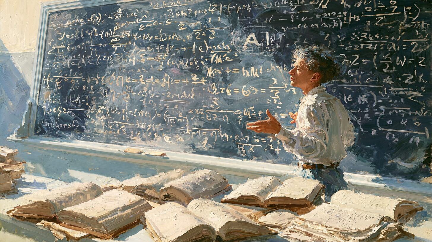 AI solves math conjecture concept: a mathematician at a chalkboard of equations with AI written among them