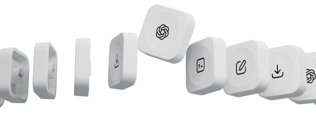 Codex Micro keycaps in a row on a white background, including the OpenAI logo, terminal, edit and download keys