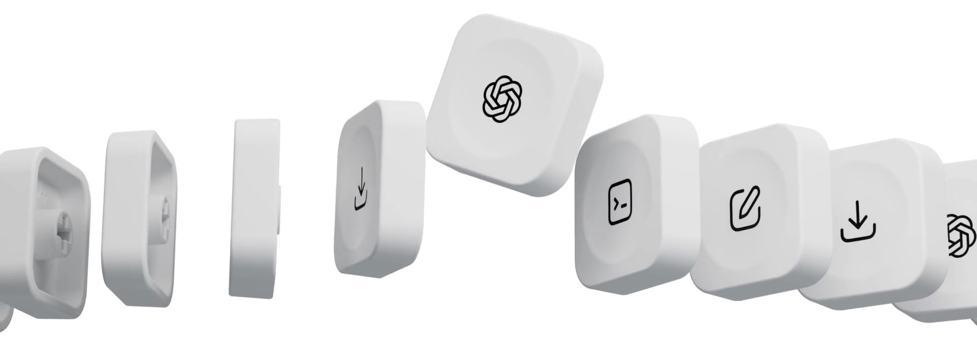 Codex Micro keycaps in a row on a white background, including the OpenAI logo, terminal, edit and download keys