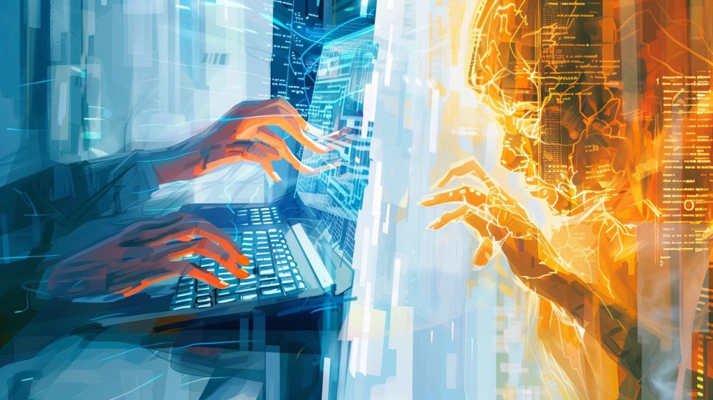 Godot engine AI code ban concept: a human developer typing real code on the left and a glowing AI generating code on the right
