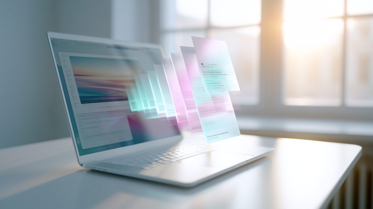 How to use OpusClip: a laptop on a bright desk generating short video clips that float out of the screen