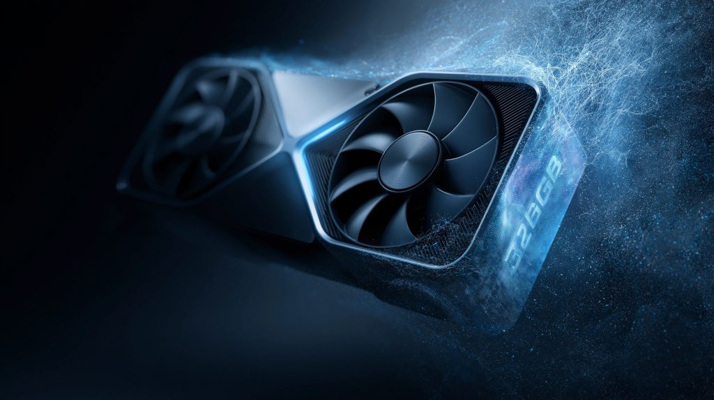 intel arc pro b70 ai concept: a sleek dual-fan professional GPU glowing blue with a 32GB VRAM label and neural-network particle streams