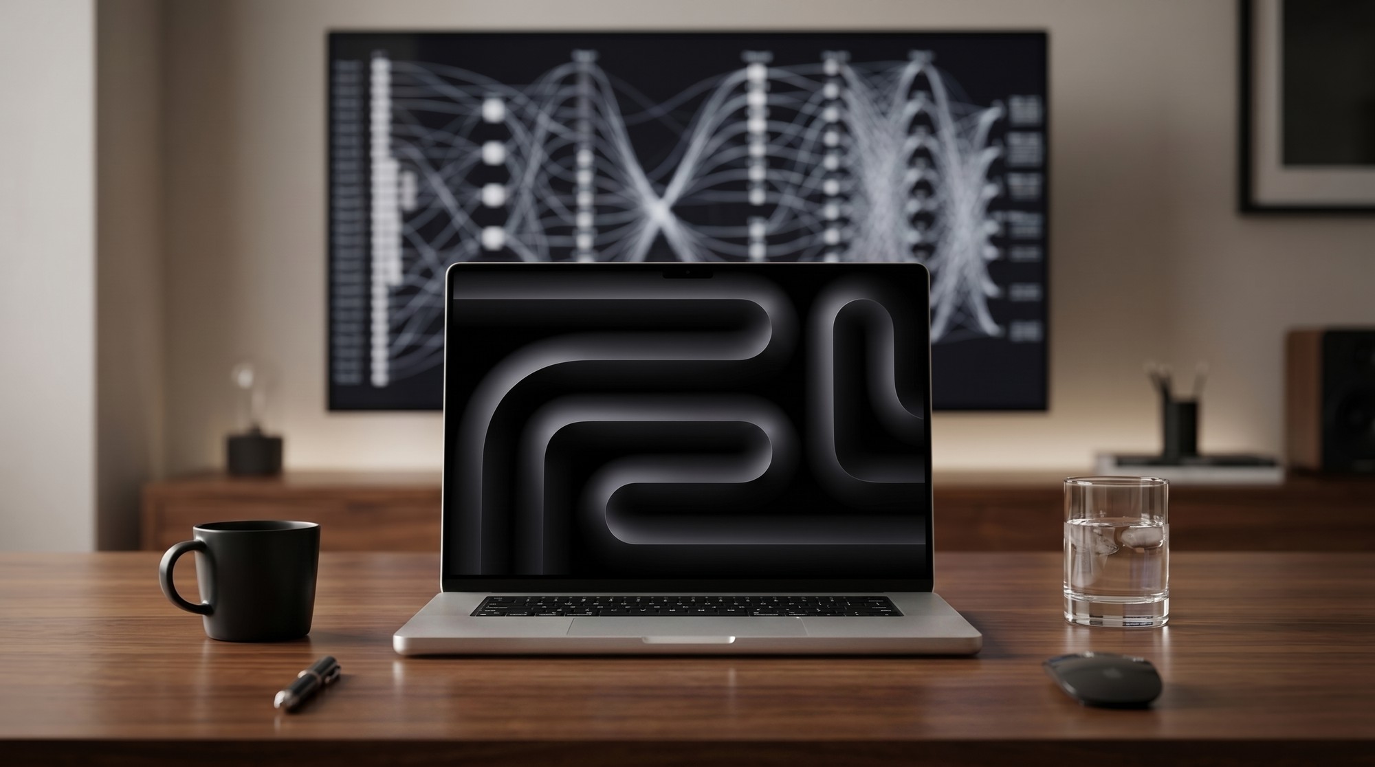 MacBook Pro 16 M5 Max on a minimalist desk with an AI neural network visualization behind