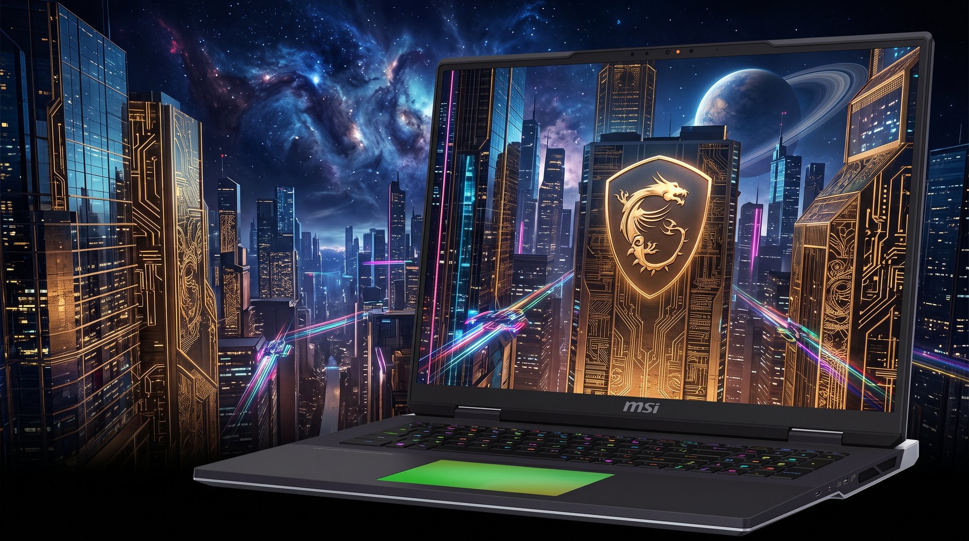 MSI Titan 18 HX AI laptop with a glowing MSI dragon shield on screen against a neon cyberpunk cityscape