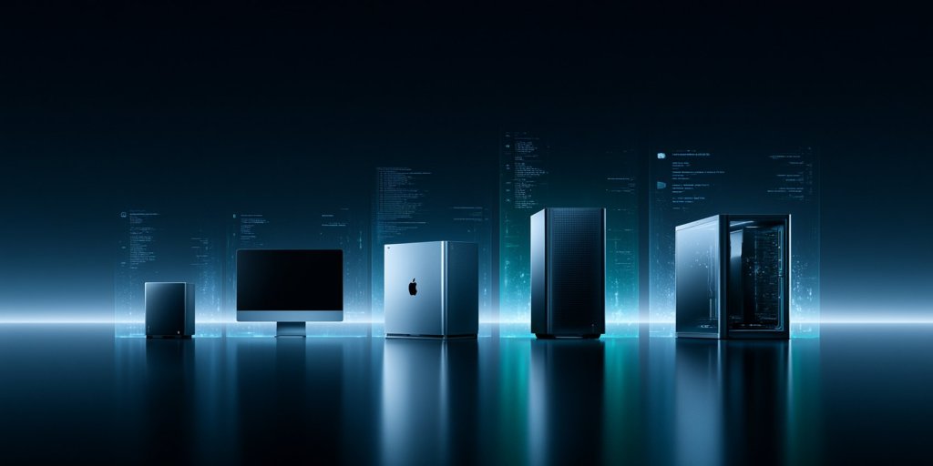 Best desktop for AI lineup: a mini PC, an all-in-one, a laptop and two tower workstations glowing in a dark studio