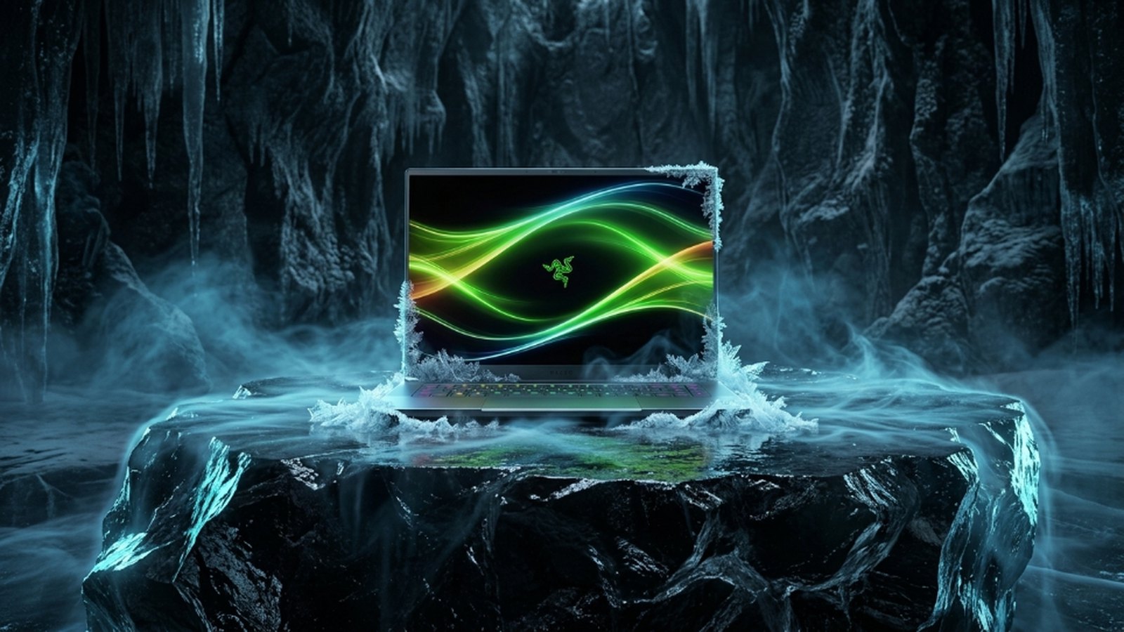 Razer Blade 16 review: the thin RTX 5090 gaming laptop with its green wave wallpaper in a dramatic icy scene