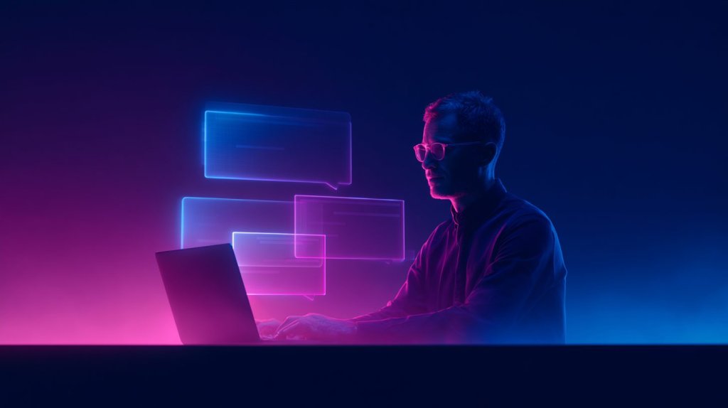 Tidio review: a small-business owner using Tidio AI chat while support conversations appear as glowing chat bubbles