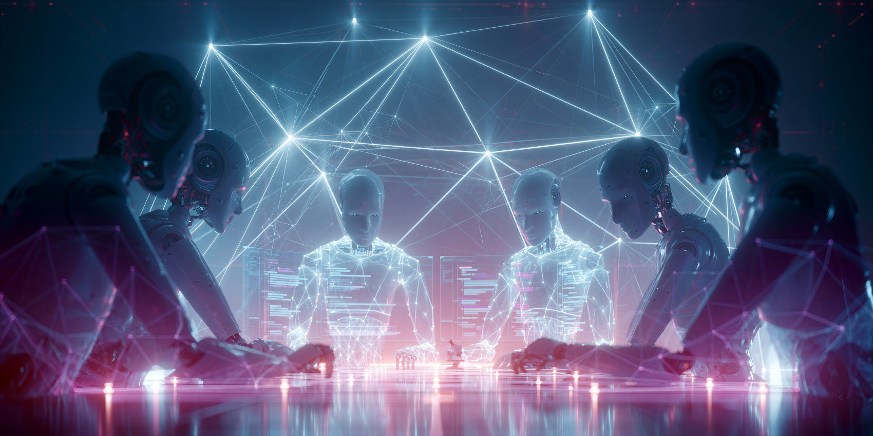 Top agentic AI frameworks 2026 concept: humanoid AI agents collaborating around a glowing orchestration network