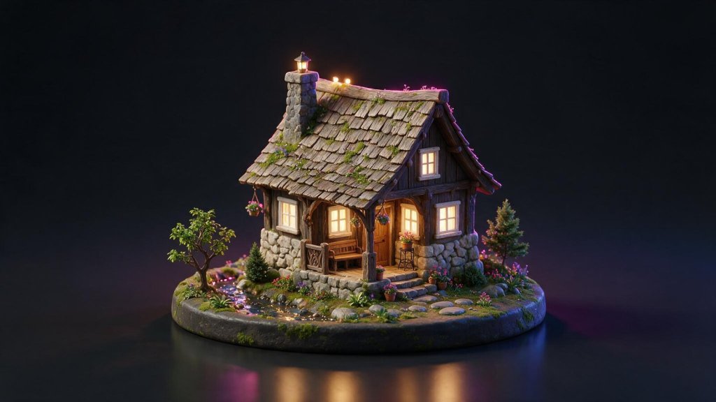 Stylized 3D cottage diorama render for the 3D AI Studio review