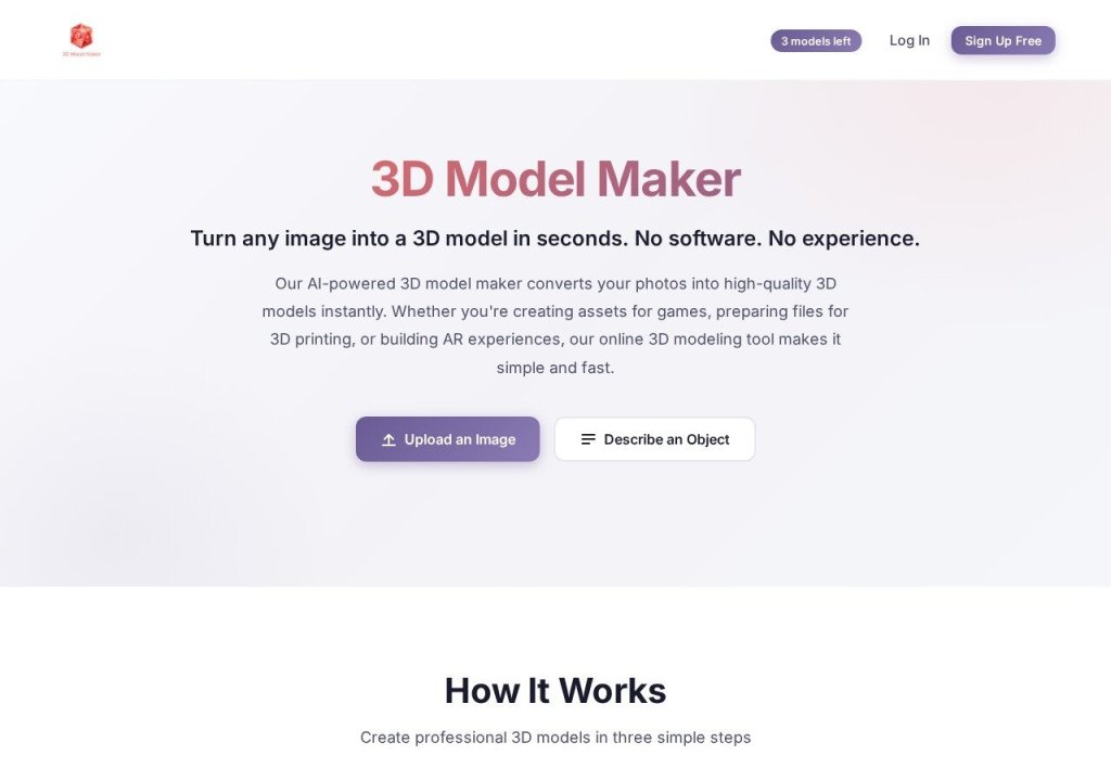 3D Model Maker AI create 3D model website screenshot