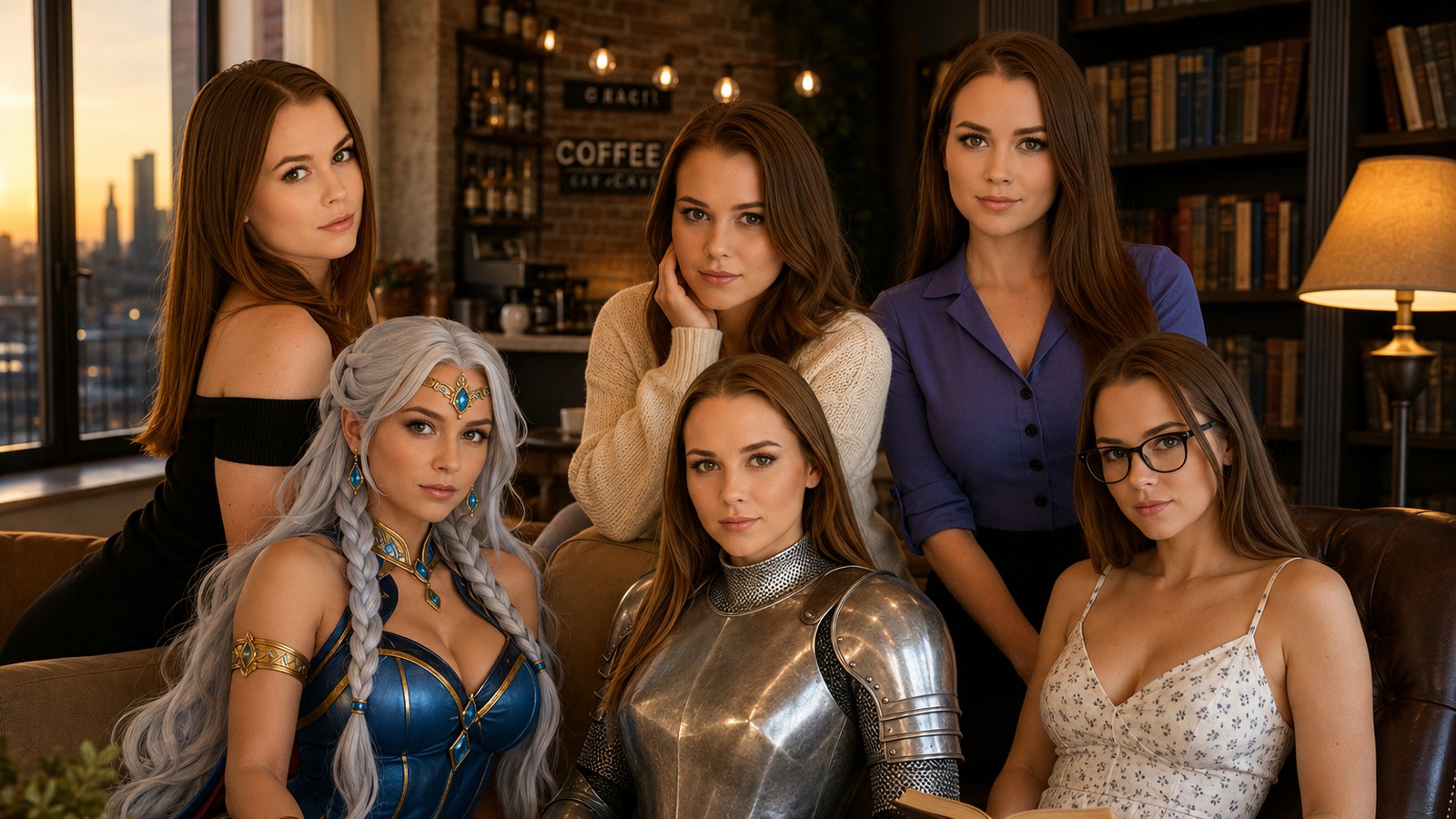Six aiAllure companions generated from the same character sitting together in one scene