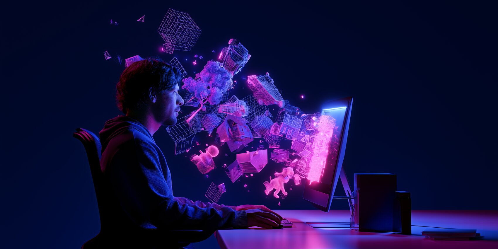 Designer at a monitor as the best AI 3D model generators build wireframe 3D models